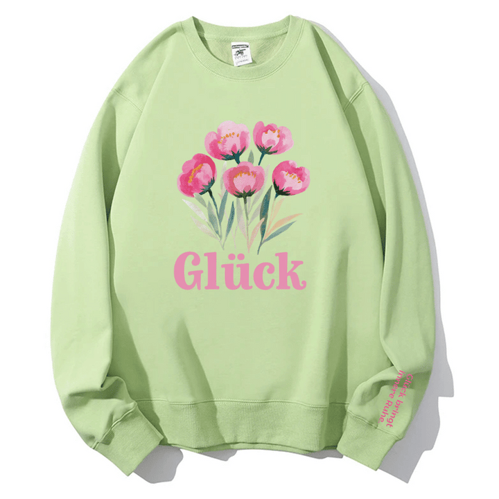 "Glück" Rundhals-Sweatshirt – Glück bringt innere Ruhe.